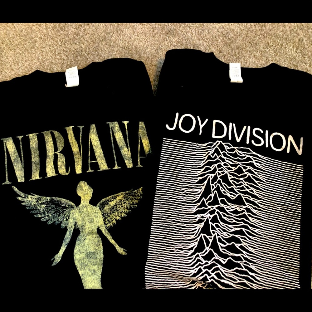 Nirvana and Joy Division band t-shirts
